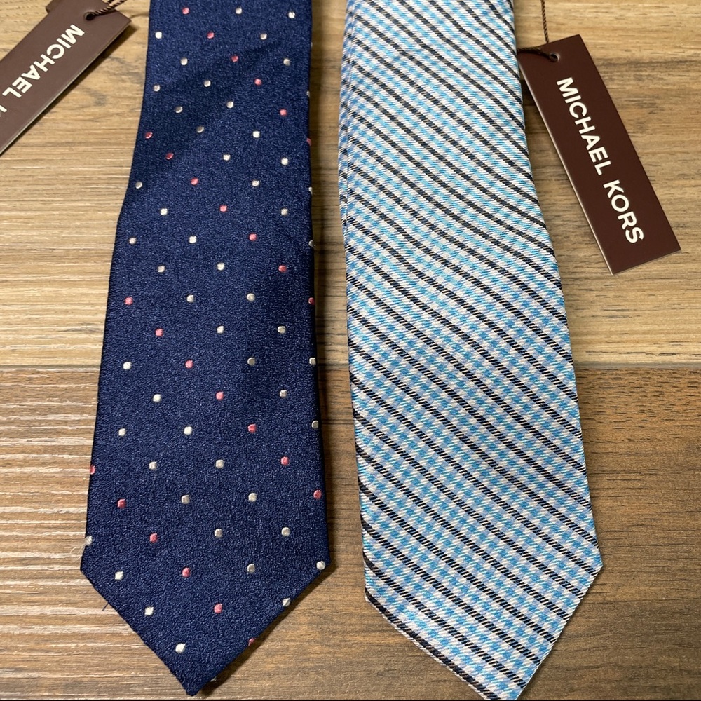 Michael Kors Blue Silk Neck Ties Plaid Polka Dot - Picture 3 of 9